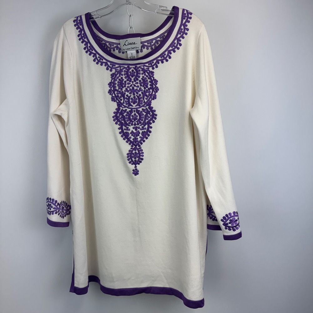 Linea by Louis Dell'Olio Womens 1X White‎ Purple Embroidered Knit Tunic Sweater